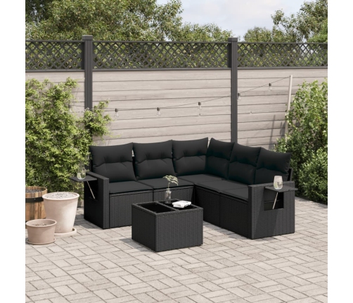 Set de sofás de jardín 6 piezas y cojines ratán sintético negro