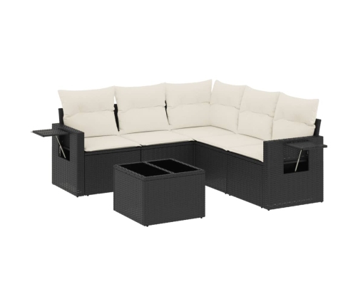 Set de sofás de jardín 6 piezas y cojines ratán sintético negro
