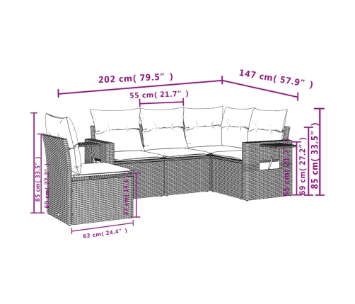 Set comedor de jardín 5 piezas y cojines ratán sintético marrón