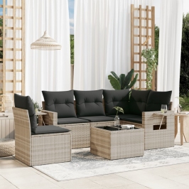 Set de sofás de jardín 6 pzas y cojines ratán sintético gris