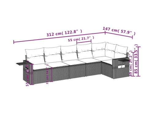 Set de sofás de jardín 6 piezas y cojines ratán sintético negro