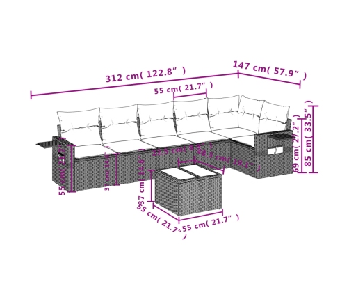Set de comedor de jardín 7 pzas y cojines ratán sintético negro