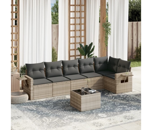 Set de sofás de jardín 7 pzas con cojines ratán PE gris claro