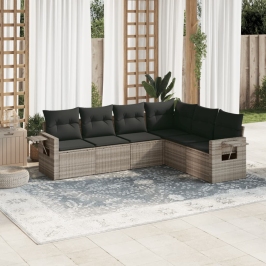 Set de sofás de jardín 6 pzas y cojines ratán sintético gris