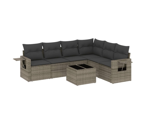 Set de sofás de jardín 7 piezas con cojines ratán PE gris