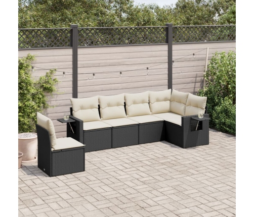 Set de sofás de jardín 6 piezas y cojines ratán sintético negro