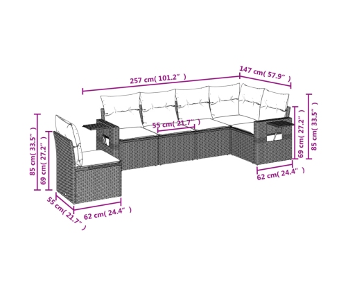 Set de muebles de jardín 6 pzas y cojines ratán sintético gris