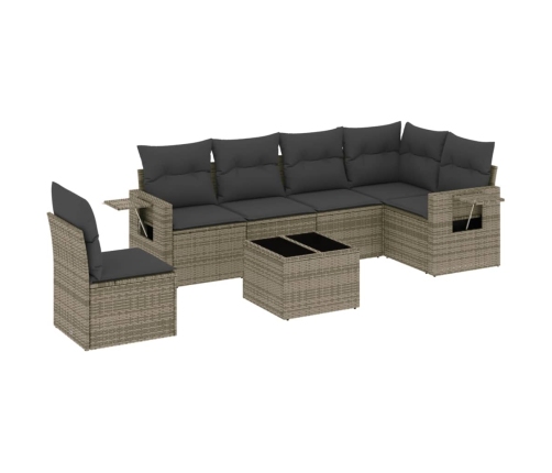 Set de sofás de jardín 7 piezas con cojines ratán PE gris