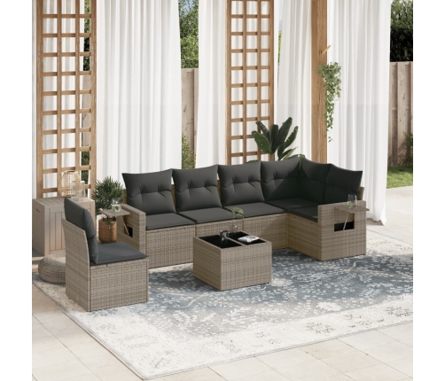 Set de sofás de jardín 7 piezas con cojines ratán PE gris
