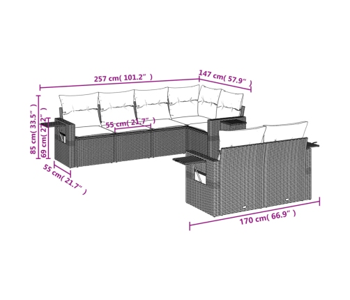 Set de comedor de jardín 7 pzas y cojines ratán sintético negro