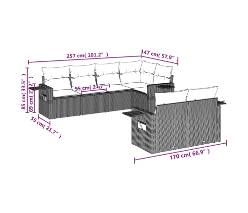 Set de comedor de jardín 7 pzas y cojines ratán sintético negro