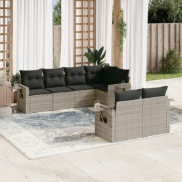 Set de sofás de jardín 7 pzas con cojines ratán PE gris claro