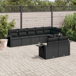 Set de sofás de jardín 8 piezas y cojines ratán sintético negro