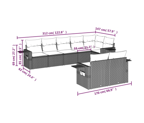 Set de sofás de jardín 8 pzas y cojines ratán sintético gris