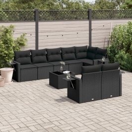 Set de sofás de jardín 8 piezas y cojines ratán sintético negro