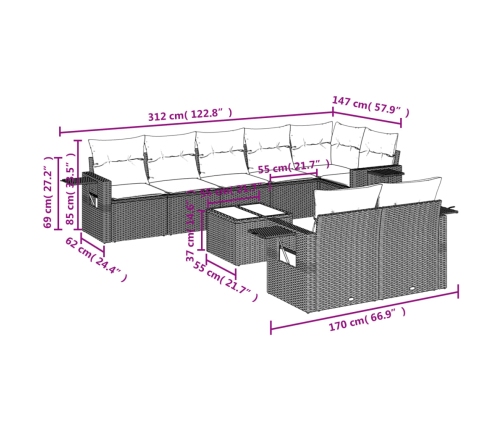Set muebles jardín 9 pzas y cojines ratán sintético gris claro