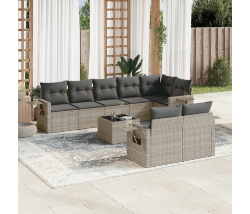 Set muebles jardín 9 pzas y cojines ratán sintético gris claro