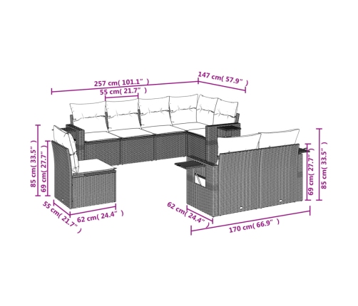 Set sofás de jardín 8 piezas y cojines ratán sintético marrón