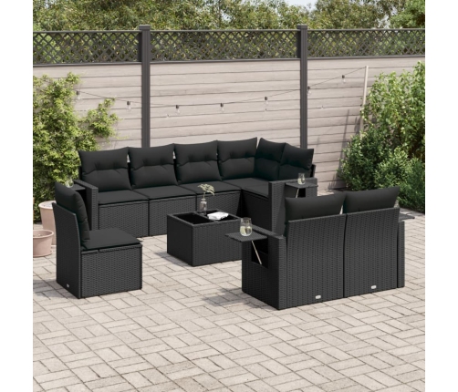 Set de sofás de jardín 8 piezas y cojines ratán sintético negro