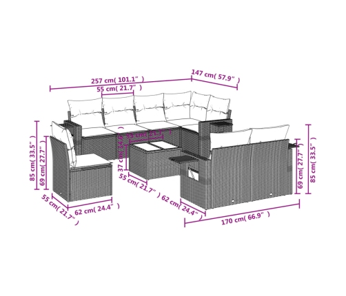 Set muebles jardín 9 pzas y cojines ratán sintético gris claro