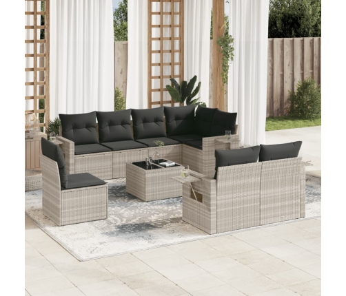 Set muebles jardín 9 pzas y cojines ratán sintético gris claro