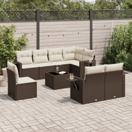Set de sofás de jardín 9 pzas y cojines ratán sintético marrón