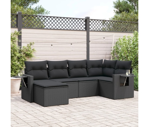 Set de sofás de jardín 6 piezas y cojines ratán sintético negro
