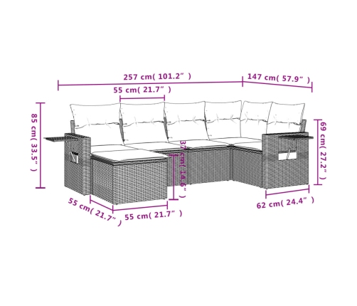 Set de muebles de jardín 6 pzas y cojines ratán sintético gris