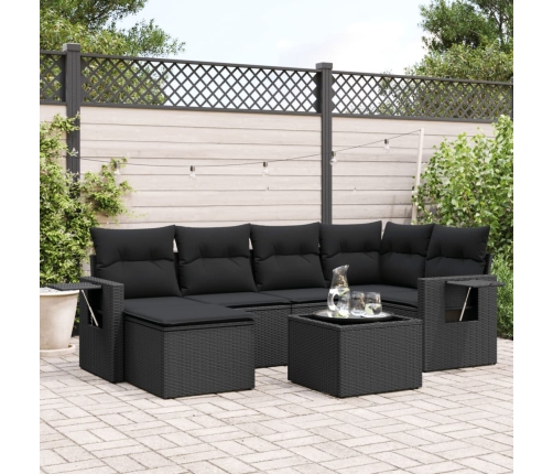 Set de comedor de jardín 7 pzas y cojines ratán sintético negro