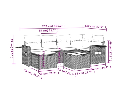 Set de comedor de jardín 7 pzas y cojines ratán sintético negro