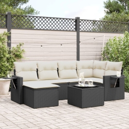 Set de comedor de jardín 7 pzas y cojines ratán sintético negro
