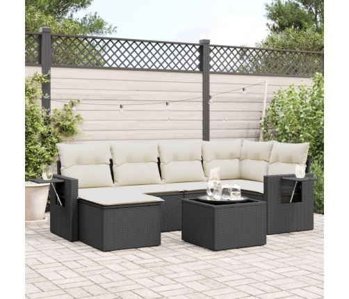 Set de comedor de jardín 7 pzas y cojines ratán sintético negro