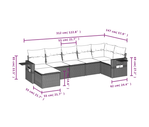 Set sofás de jardín 7 piezas y cojines ratán sintético beige