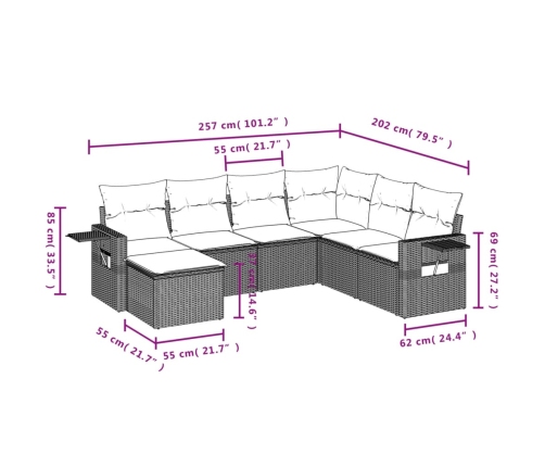 Set de sofás de jardín 7 piezas con cojines ratán PE gris