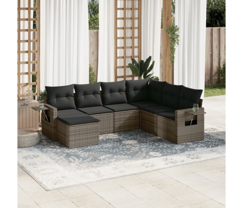 Set de sofás de jardín 7 piezas con cojines ratán PE gris