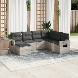 Set de sofás de jardín 7 pzas con cojines ratán PE gris claro