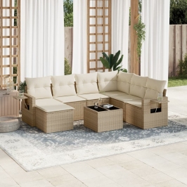 Juego de sofás de jardín con cojines beige 8 pzas ratán PE