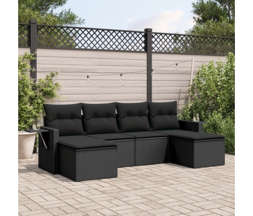Set de sofás de jardín 6 piezas y cojines ratán sintético negro