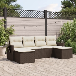 Set sofás de jardín 6 piezas y cojines ratán sintético marrón