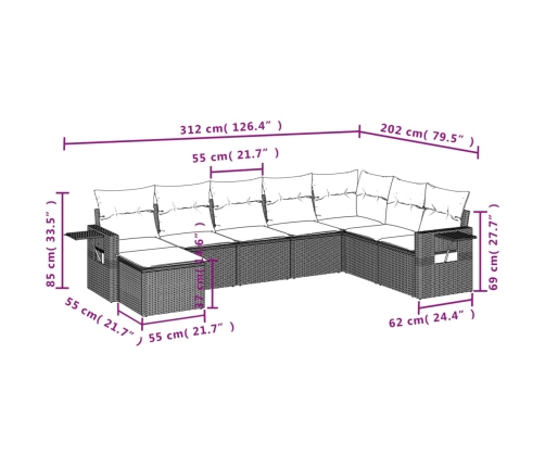 Set de sofás de jardín 8 piezas y cojines ratán sintético negro