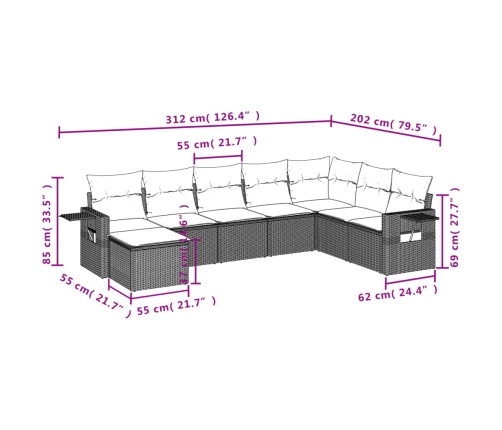 Set sofás de jardín 8 piezas y cojines ratán sintético marrón