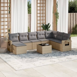Set de sofás de jardín 9 pzas con cojines ratán sintético beige