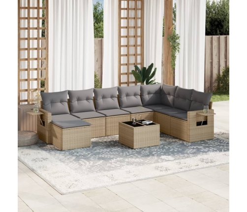 Set de sofás de jardín 9 pzas con cojines ratán sintético beige