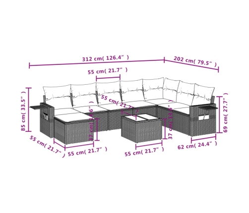 Set de muebles de jardín 9 pzas y cojines ratán sintético gris