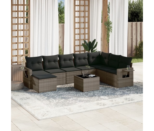 Set de muebles de jardín 9 pzas y cojines ratán sintético gris