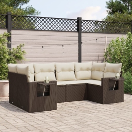 Set sofás de jardín 6 piezas y cojines ratán sintético marrón