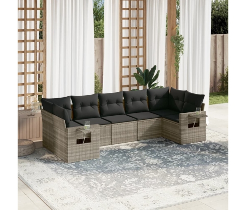 Set de sofás de jardín 7 pzas con cojines ratán PE gris claro