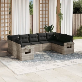 Set muebles jardín 9 pzas y cojines ratán sintético gris claro