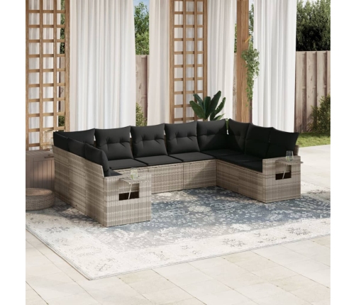 Set muebles jardín 9 pzas y cojines ratán sintético gris claro