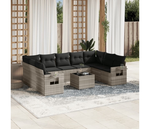 Set sofás jardín 10 pzas con cojines ratán sintético gris claro